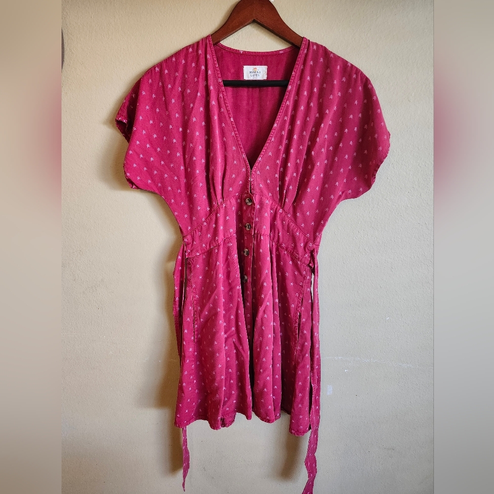 Marine Layer Camila Mini Dress Womens S Red Print Button Up Tie Back